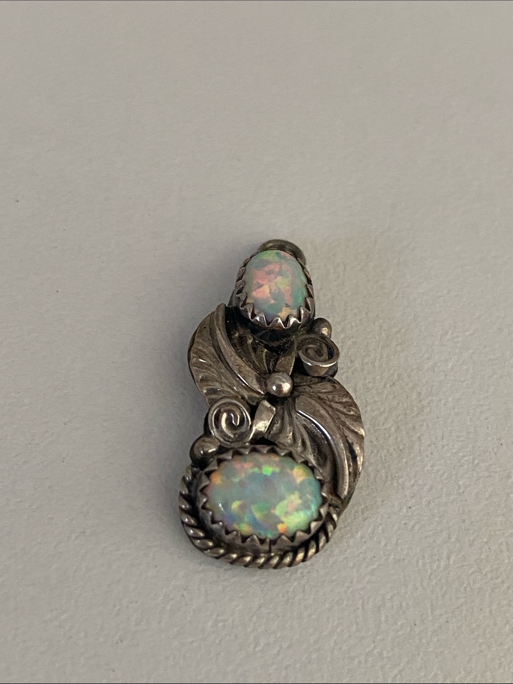 Native American Sterling Silver Opal Drop Pendant - Iridescent White Opal